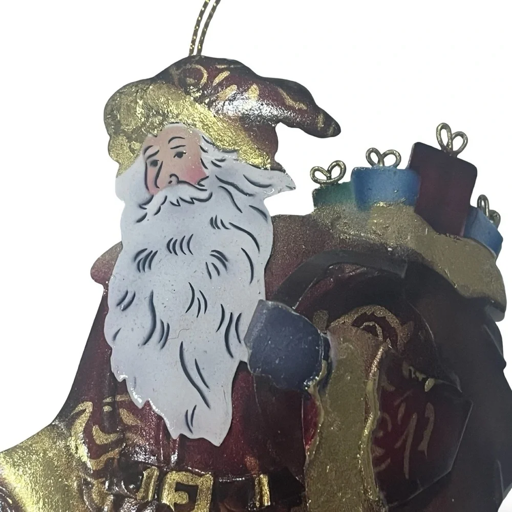 Vintage Hand Made Christmas 3D Tin Santa Clause Ornament 7.5”